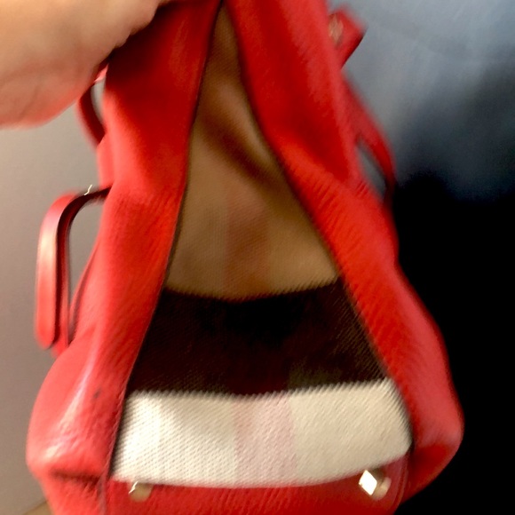 AUTHENTIC MAIDSTONE TOTE LEATHER AND HOUSE CHECK CANVAS RED BURBERRY - Picture 6 of 16